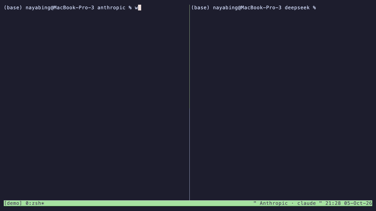 Two terminals side by side run the same prompt: wrapper-code claude on the left, wrapper-code deepseek on the right. Then wrapper-code usage lists the requests and tokens of both.